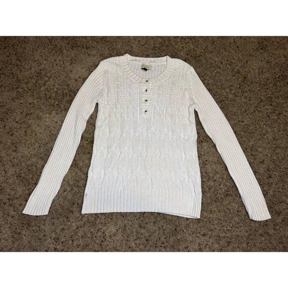SONOMA Womens White Cable Knit Sweater Henley Retro Classic Fishermen Y2k LARGE - Picture 1 of 10